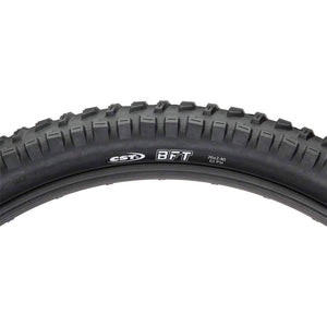 Side view of a 26x2.4 CST BFT eBike tire showing tread pattern and branding on the sidewall.