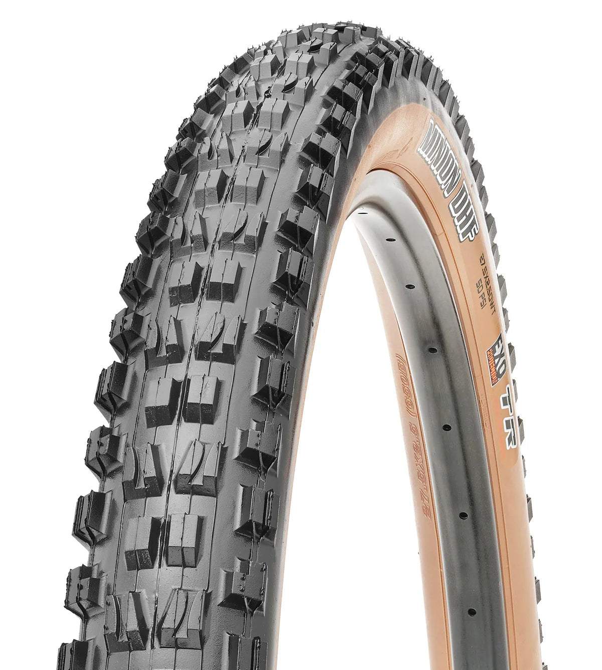29-inch Maxxis Minion DHF eBike tire with tan sidewall, size 29x2.50, shown from a side angle against a white background