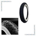 26-inch by 4-inch black knobby fat tire with white wall, designed for electric bikes, product image showing tread and sidewall details.