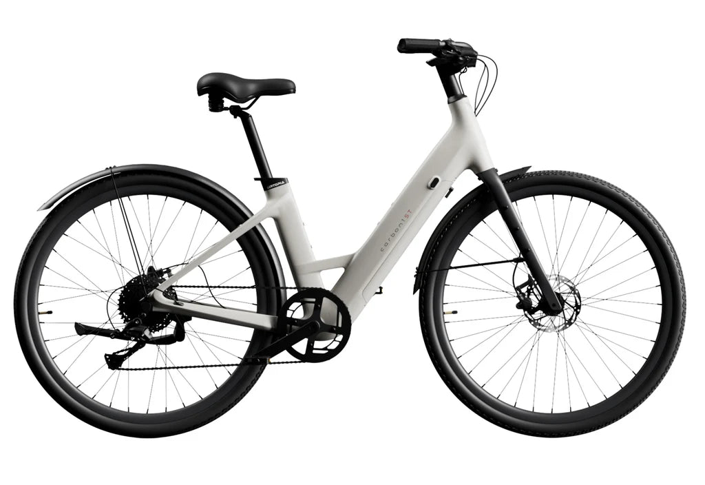 Urtopia Carbon 1 Step Thru eBike in creme color, side view, showcasing lightweight carbon frame and step-through design