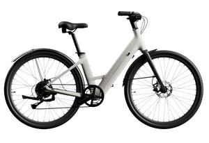 Urtopia Carbon 1 Step Thru eBike in creme color, side view, showcasing lightweight carbon frame and step-through design