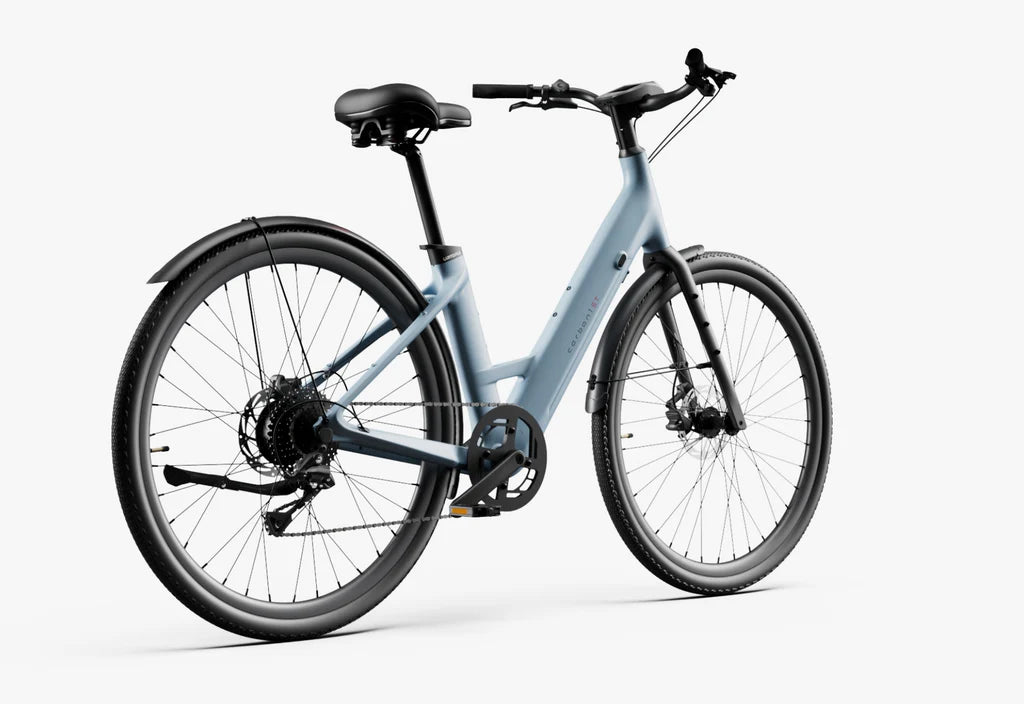 Side view of the Urtopia Carbon 1 Step Thru eBike in Glacier Blue, showcasing its lightweight carbon frame, step-through design, and sleek modern styling against a plain background.