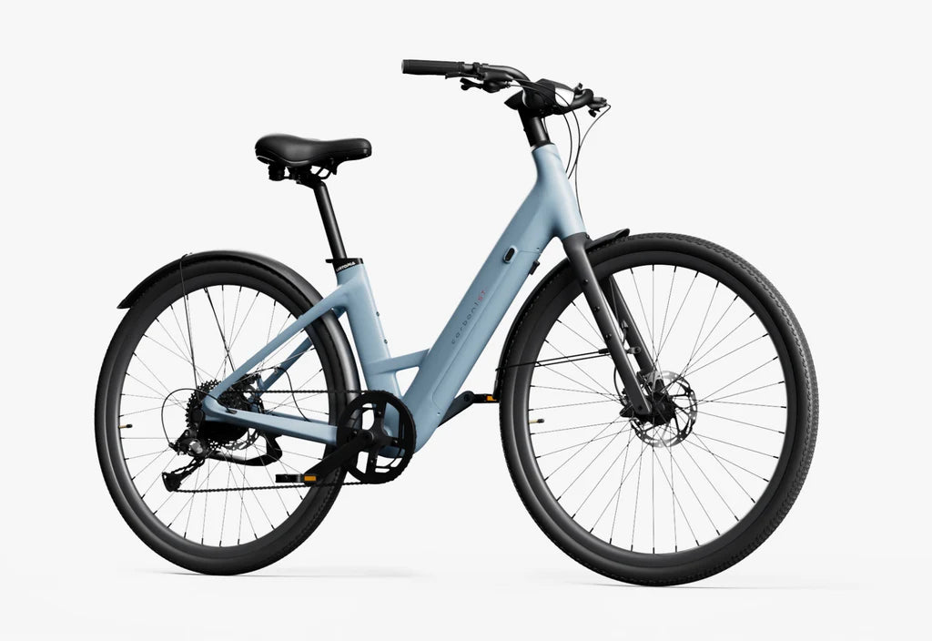 Urtopia Carbon 1 Step Thru eBike in Glacier Blue, side view, showcasing lightweight carbon frame and step-through design