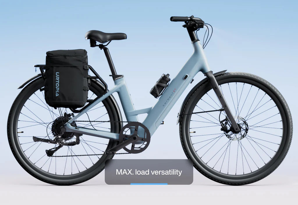 Urtopia Carbon 1 Step Thru eBike in Glacier Blue, side view showcasing lightweight carbon frame and step-through design