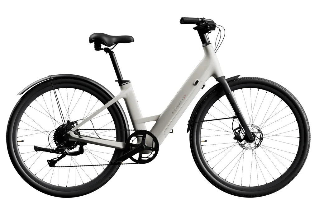 Urtopia Carbon 1 Step Thru eBike in creme color, side view, showcasing lightweight carbon frame and step-through design