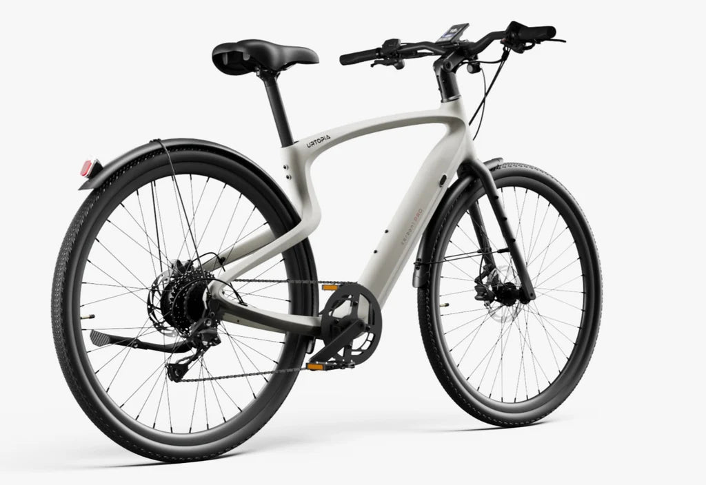 Urtopia Carbon Classic eBike in creme color, side view, showcasing lightweight carbon frame and modern design.