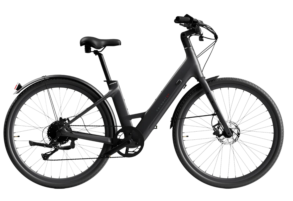 Matte black Urtopia Carbon Classic Step-Thru e-bike, side view, showcasing lightweight carbon frame and modern design.