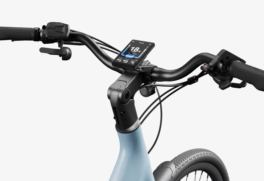Side view of the Urtopia Carbon Classic Step Thru eBike in black, showcasing its lightweight carbon frame, step-through design, and integrated display on the handlebars.