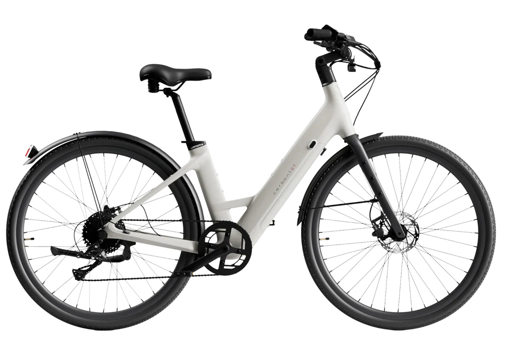 Urtopia Carbon Classic Step Thru eBike in creme color, side view, showcasing lightweight carbon frame and step-through design