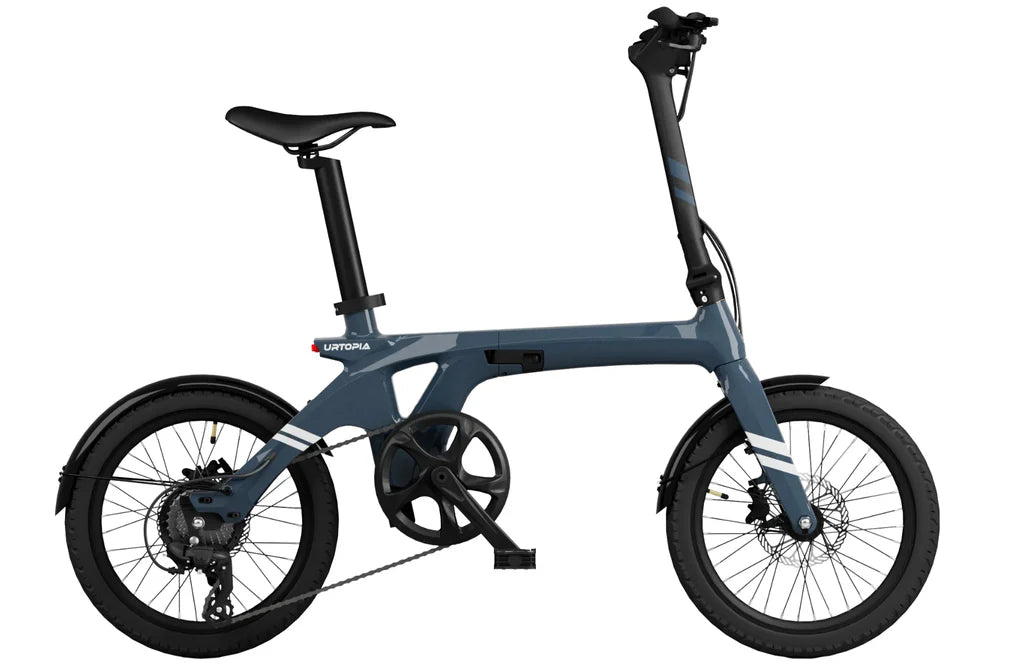 Aegean Blue Urtopia Carbon Fold 1 eBike, side view, folded, against a white background