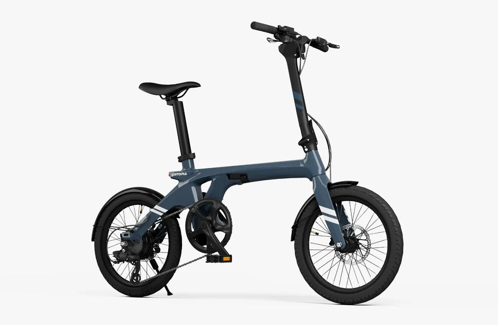 Aegean Blue Urtopia Carbon Fold 1 eBike, side view, folded for compact storage, showcasing lightweight carbon frame and modern design.