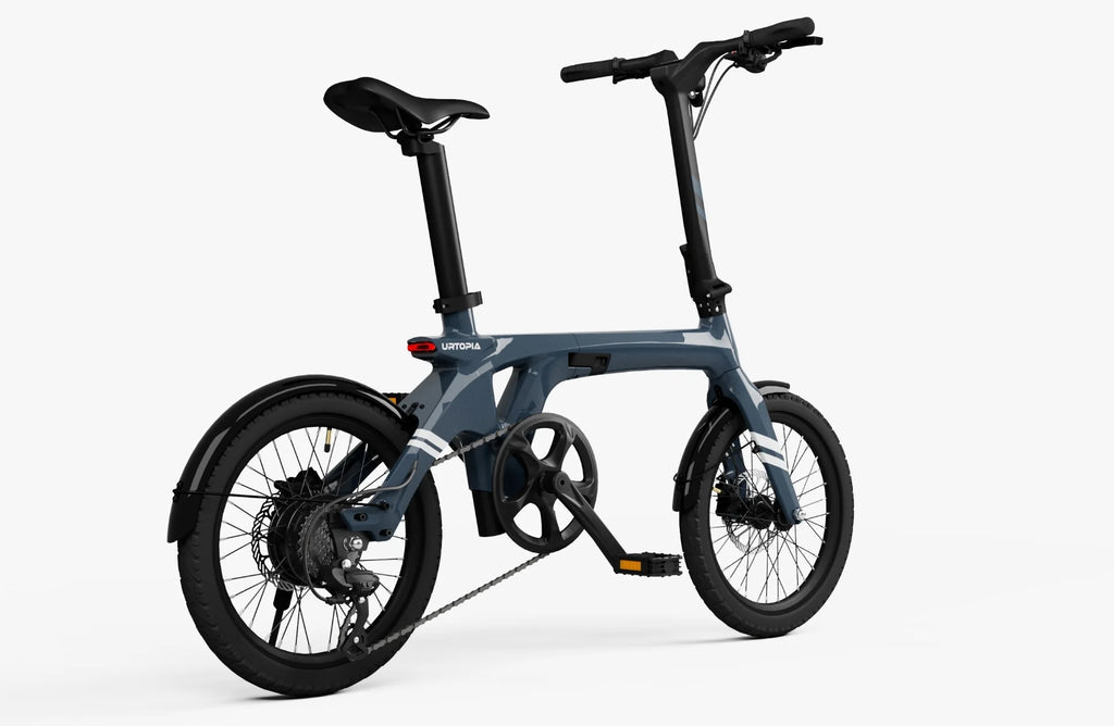 Aegean Blue Urtopia Carbon Fold 1 eBike, side view, folded for compact storage