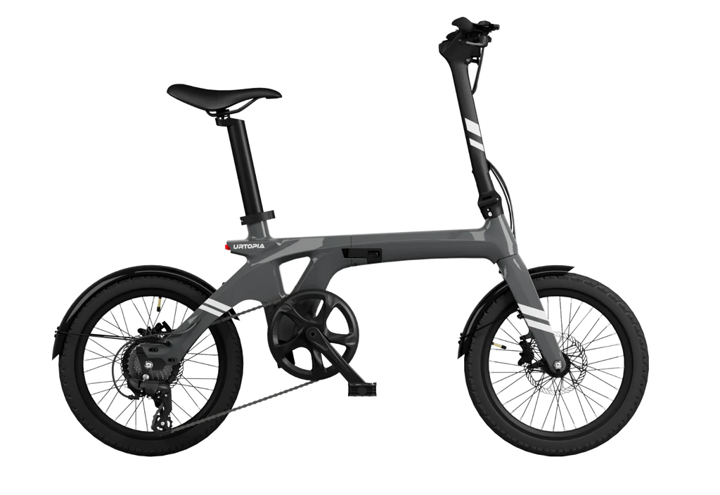 Charcoal gray Urtopia Carbon Fold 1 eBike, side view, folded, showcasing compact design and lightweight carbon frame.