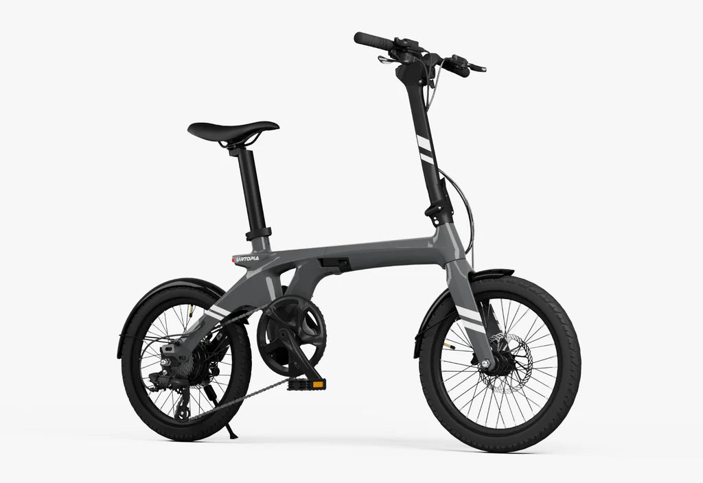 Side view of the Urtopia Carbon Fold 1 eBike in charcoal gray, showcasing its lightweight carbon frame, compact folding design, and sleek modern appearance.