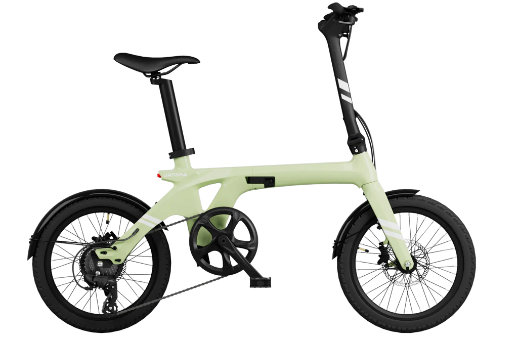 Lime green Urtopia Carbon Fold 1 eBike, side view, folded, against a white background