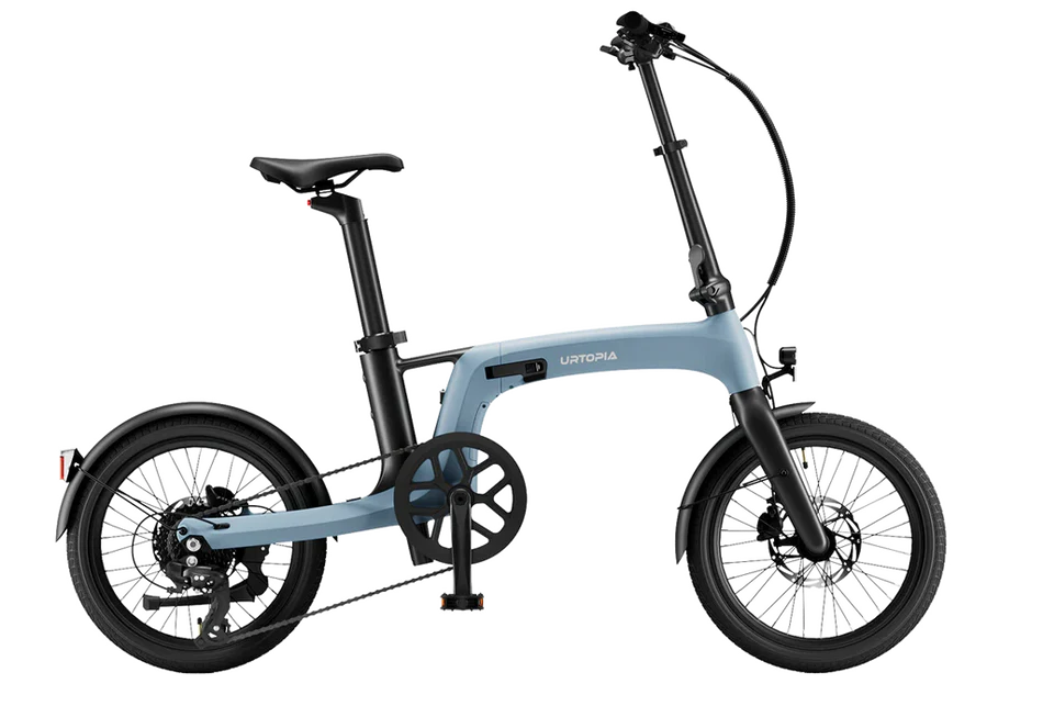 Blue Urtopia Carbon Fold 2 eBike, side view, folded, on a white background