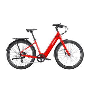 Red Velotric Breeze 1 eBike in classic scarlet color, side view, isolated on white background