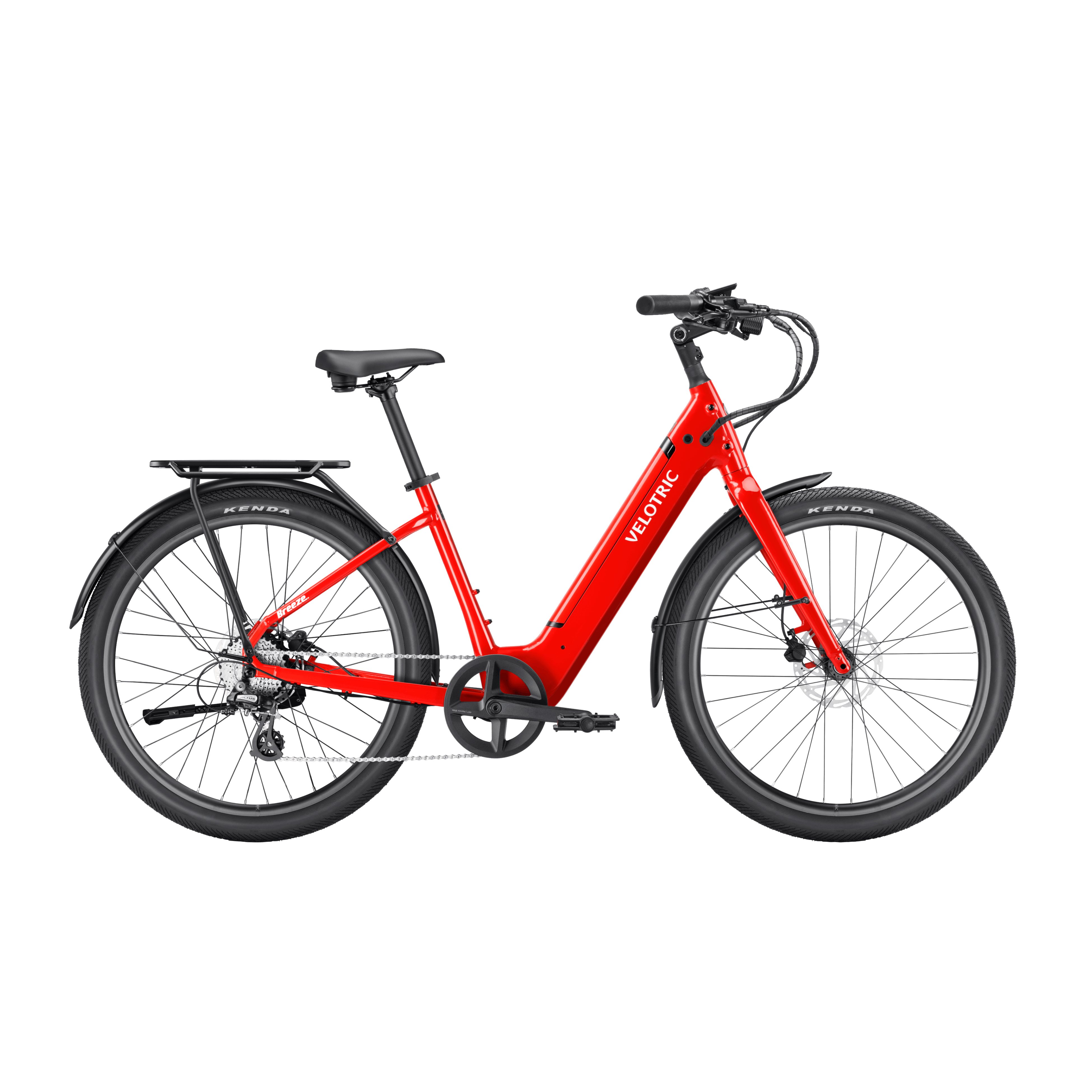 Red Velotric Breeze 1 eBike in classic scarlet color, side view, isolated on white background