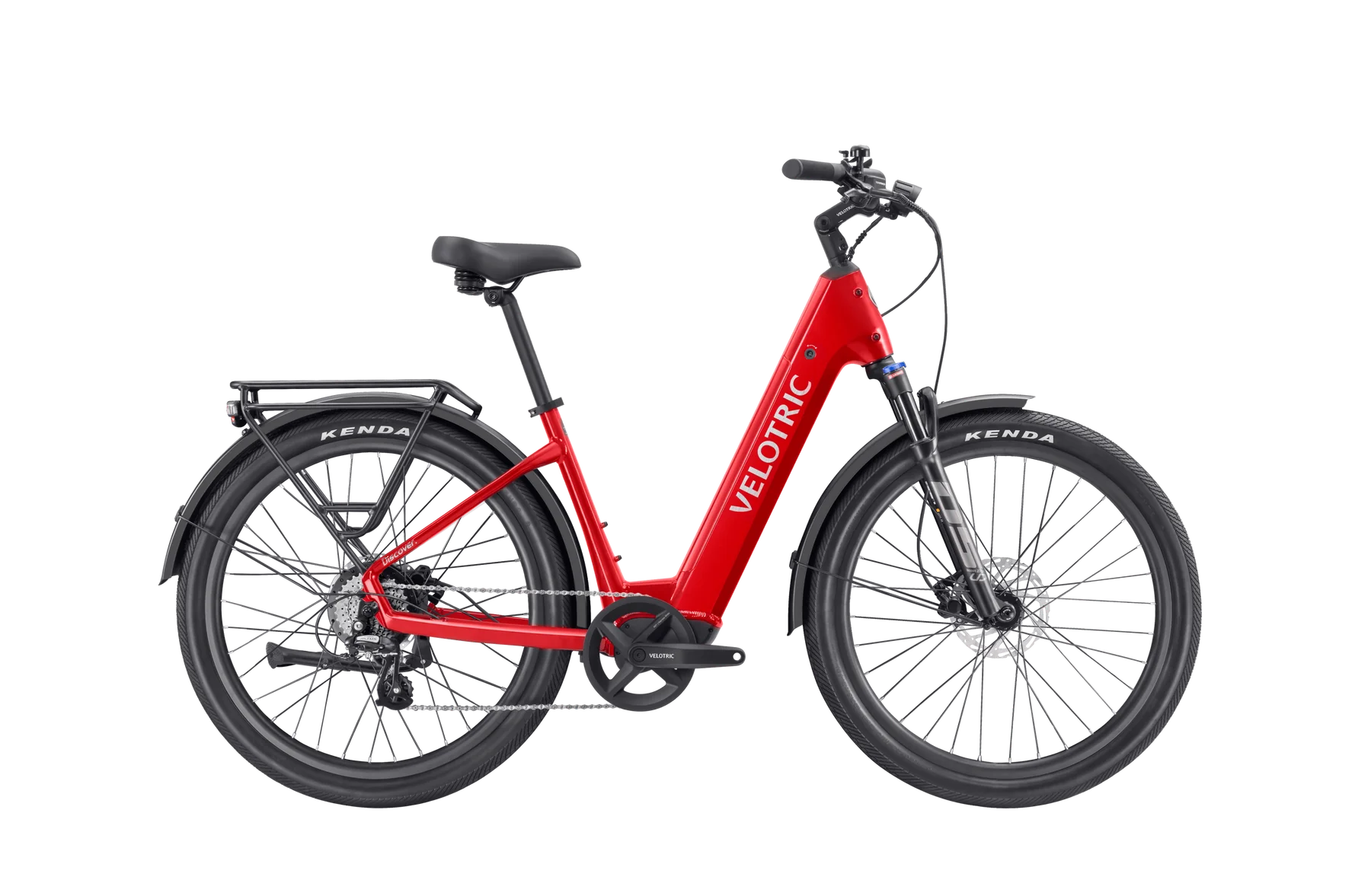 Velotric Discover 2 electric bike in Cherry Crimson color, side view, against a white background