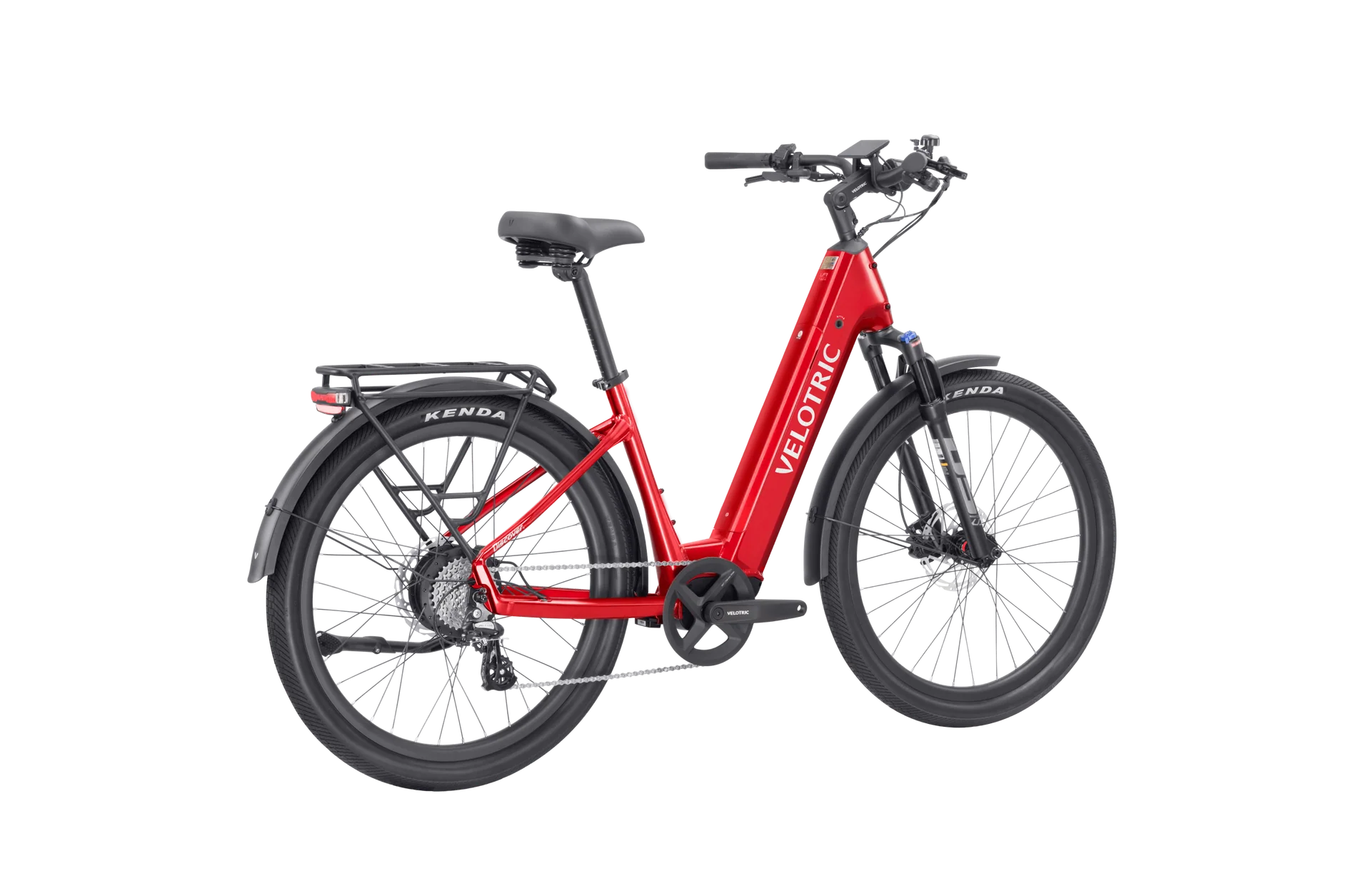 Velotric Discover 2 electric bike in Cherry Crimson color, side view, showcasing step-through frame and integrated battery