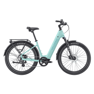 Mint green Velotric Discover 2 electric bike shown from the side, featuring a step-through frame, front suspension fork, and rear rack.