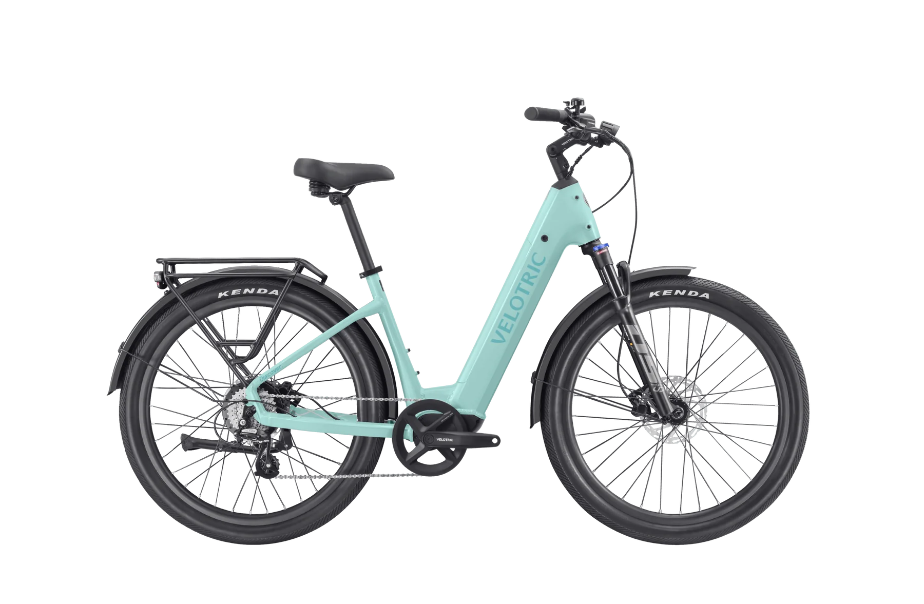 Velotric Discover 2 electric bike in mint green color, side view, displayed on a white background.
