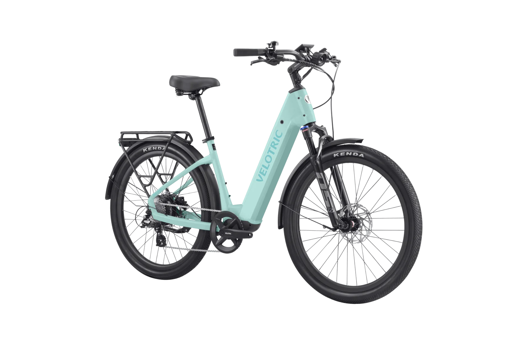 Velotric Discover 2 electric bike in mint green color, side view, displayed on a white background.