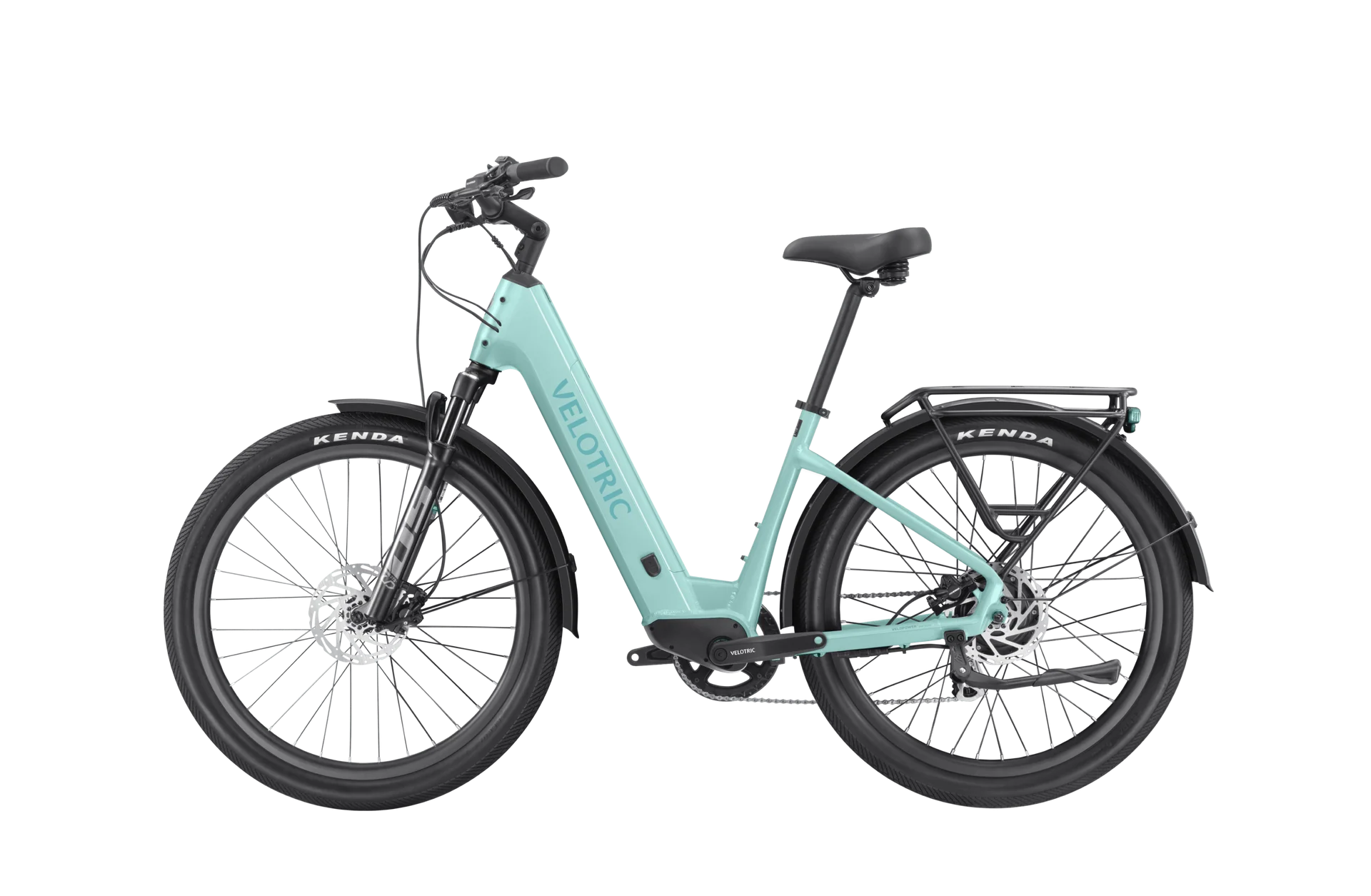 Velotric Discover 2 electric bike in mint green color, side view, showing step-through frame, battery integrated into the downtube, and upright handlebars.