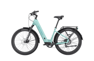 Velotric Discover 2 electric bike in mint green color, side view, showing step-through frame, battery integrated into the downtube, and upright handlebars.