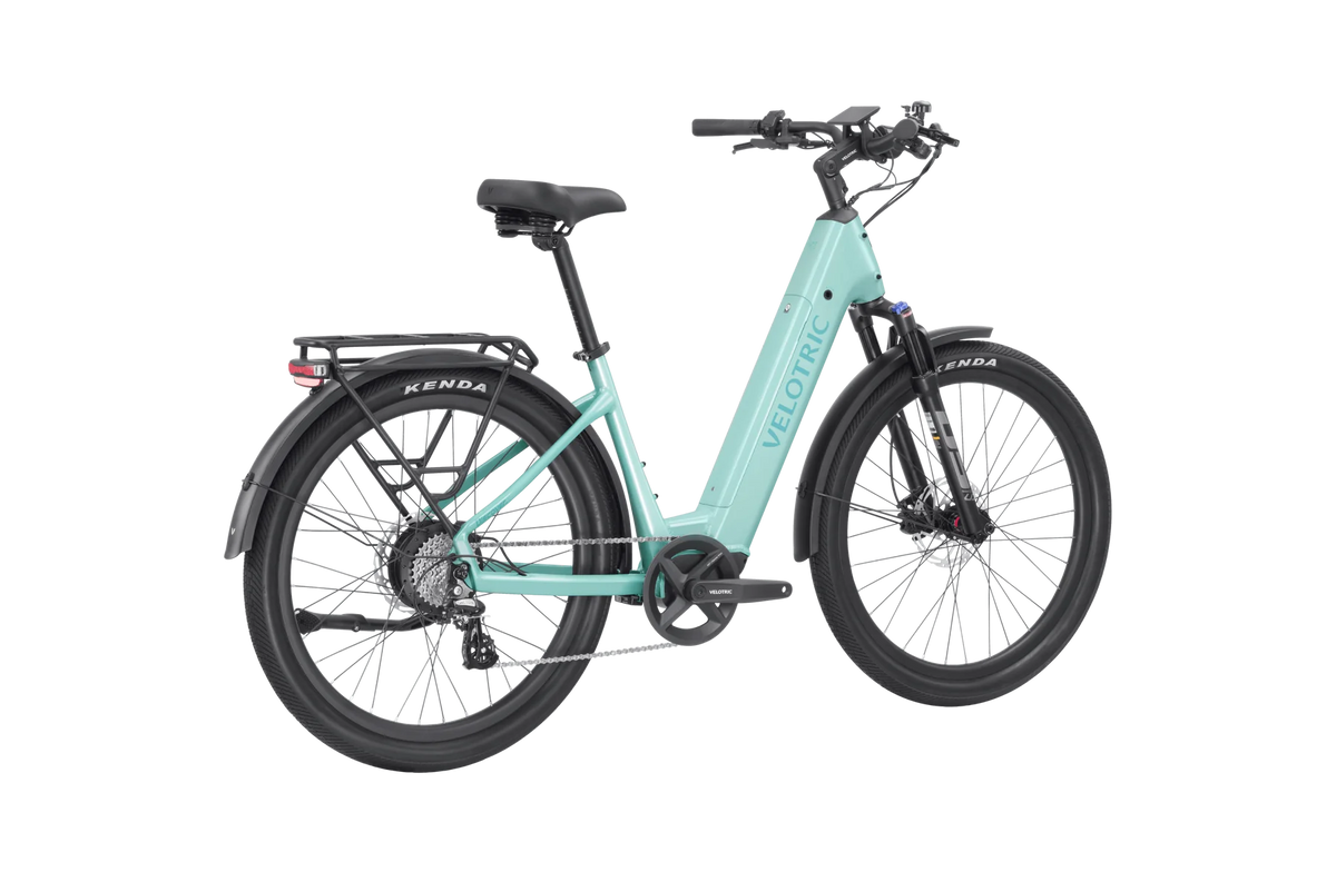 Velotric Discover 2 electric bike in mint green, side view, displayed on a white background