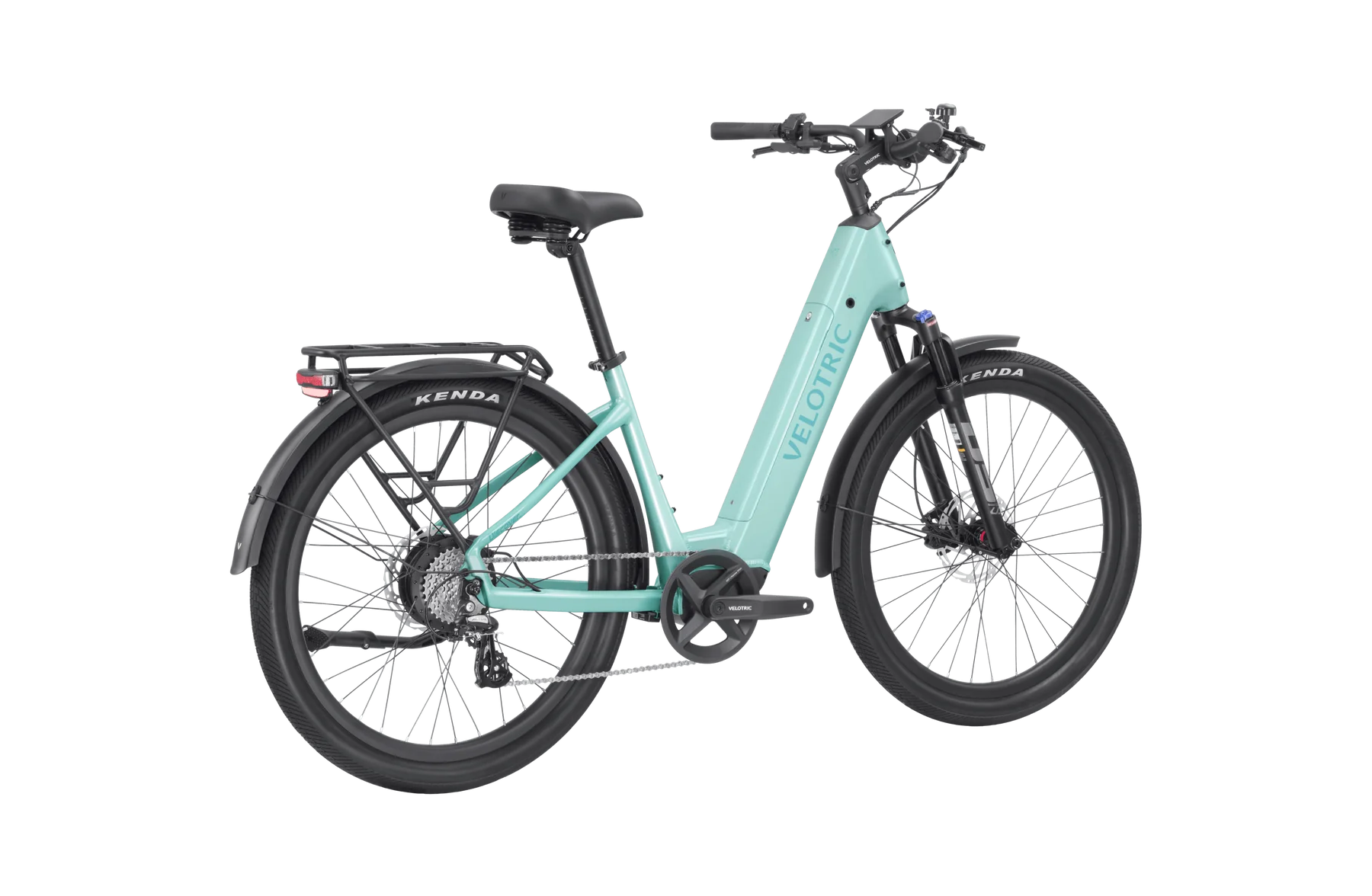 Velotric Discover 2 electric bike in mint green, side view, displayed on a white background