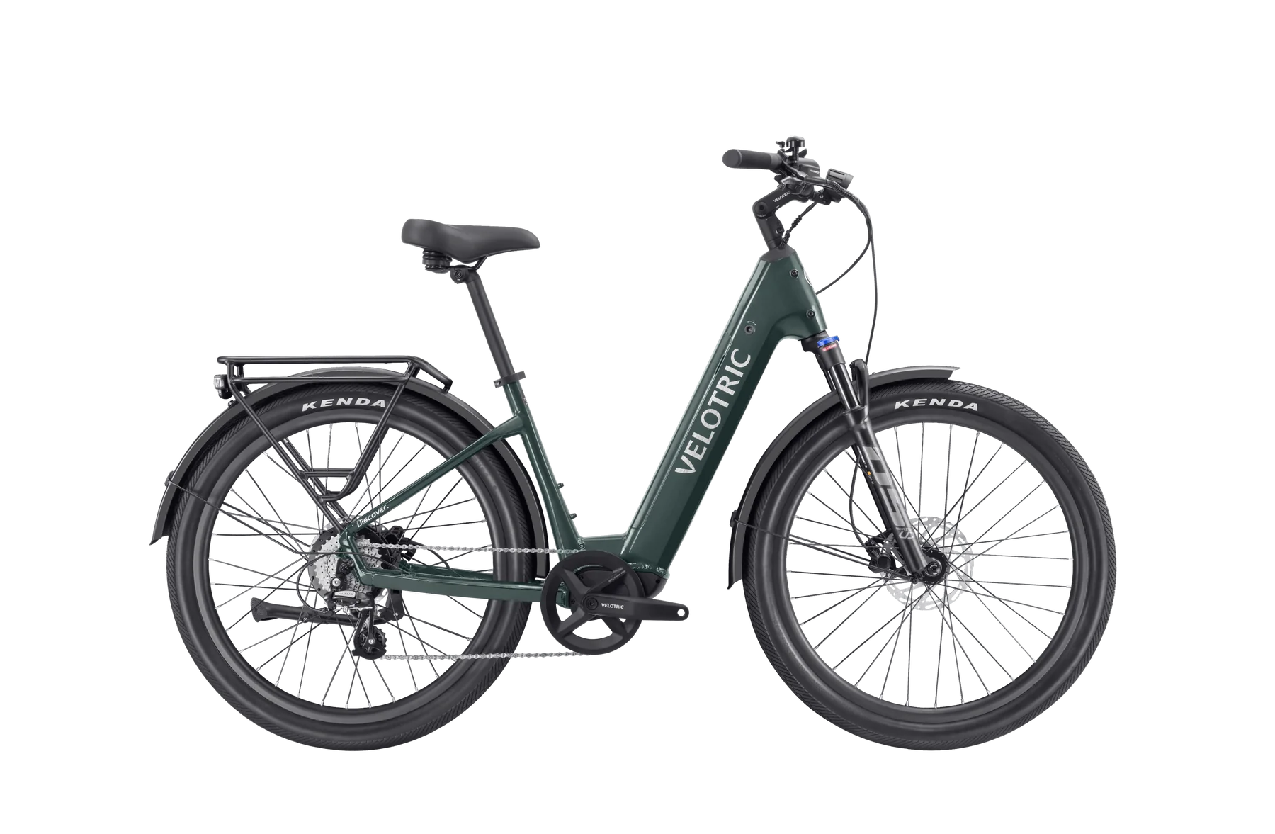 Velotric Discover 2 electric bike in pine green, side view, against a white background
