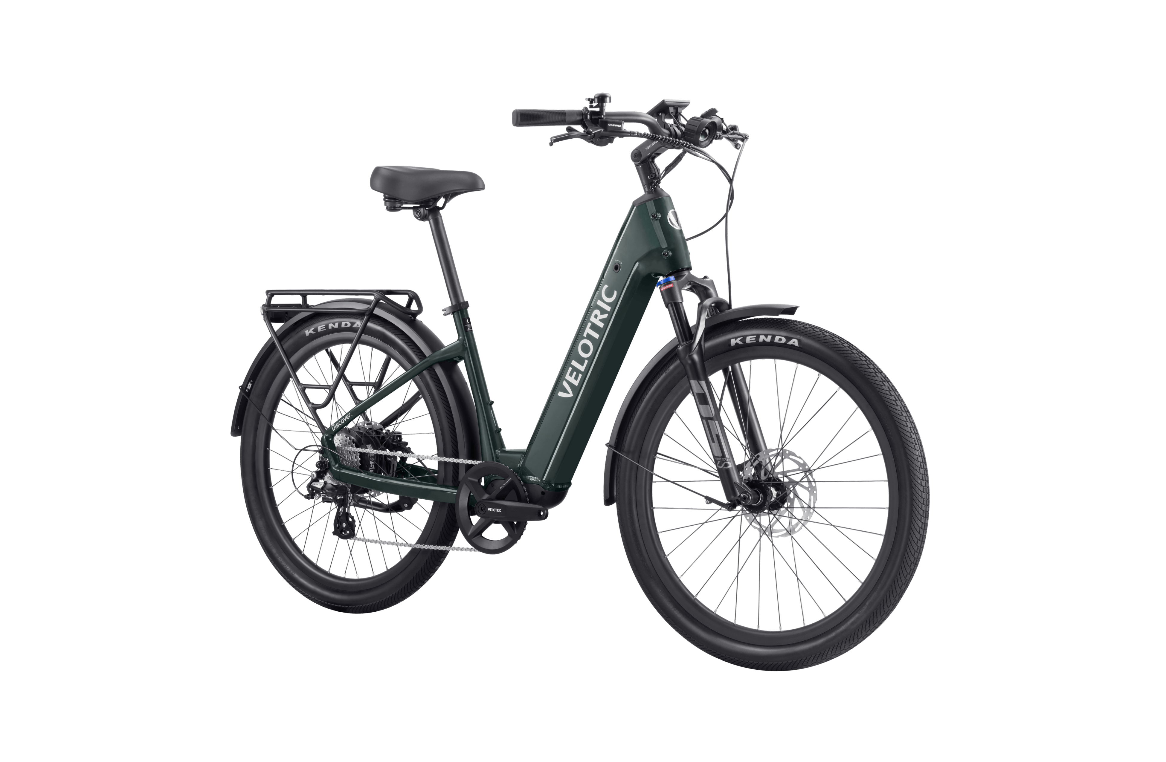 Velotric Discover 2 electric bike in pine green, side view, against a white background