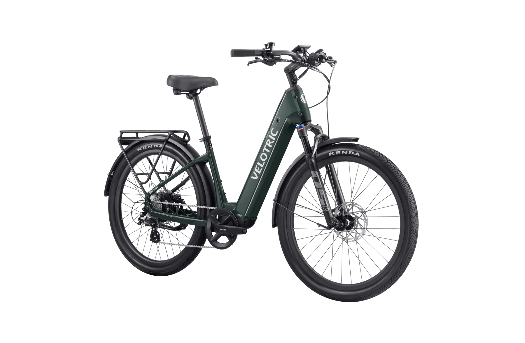 Velotric Discover 2 electric bike in pine green, side view, against a white background