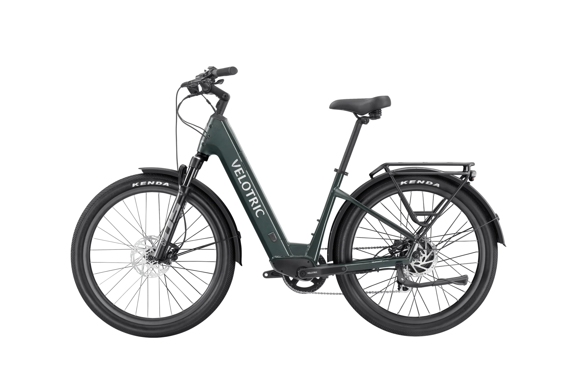 Velotric Discover 2 electric bike in Pine Green, side view, showcasing frame, wheels, and battery
