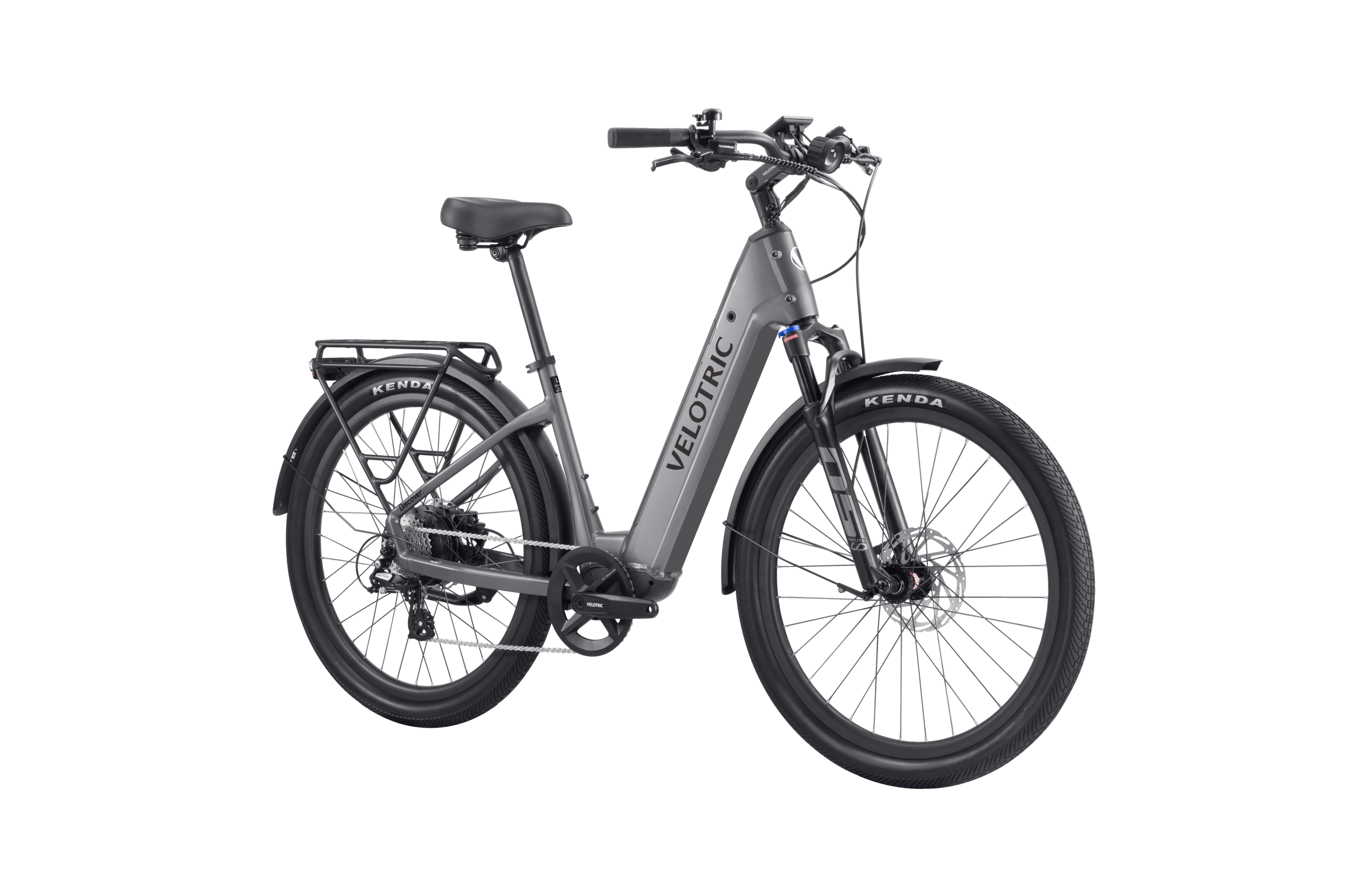 Velotric Discover 2 electric bike in Stone Gray color, side view, against a plain background.