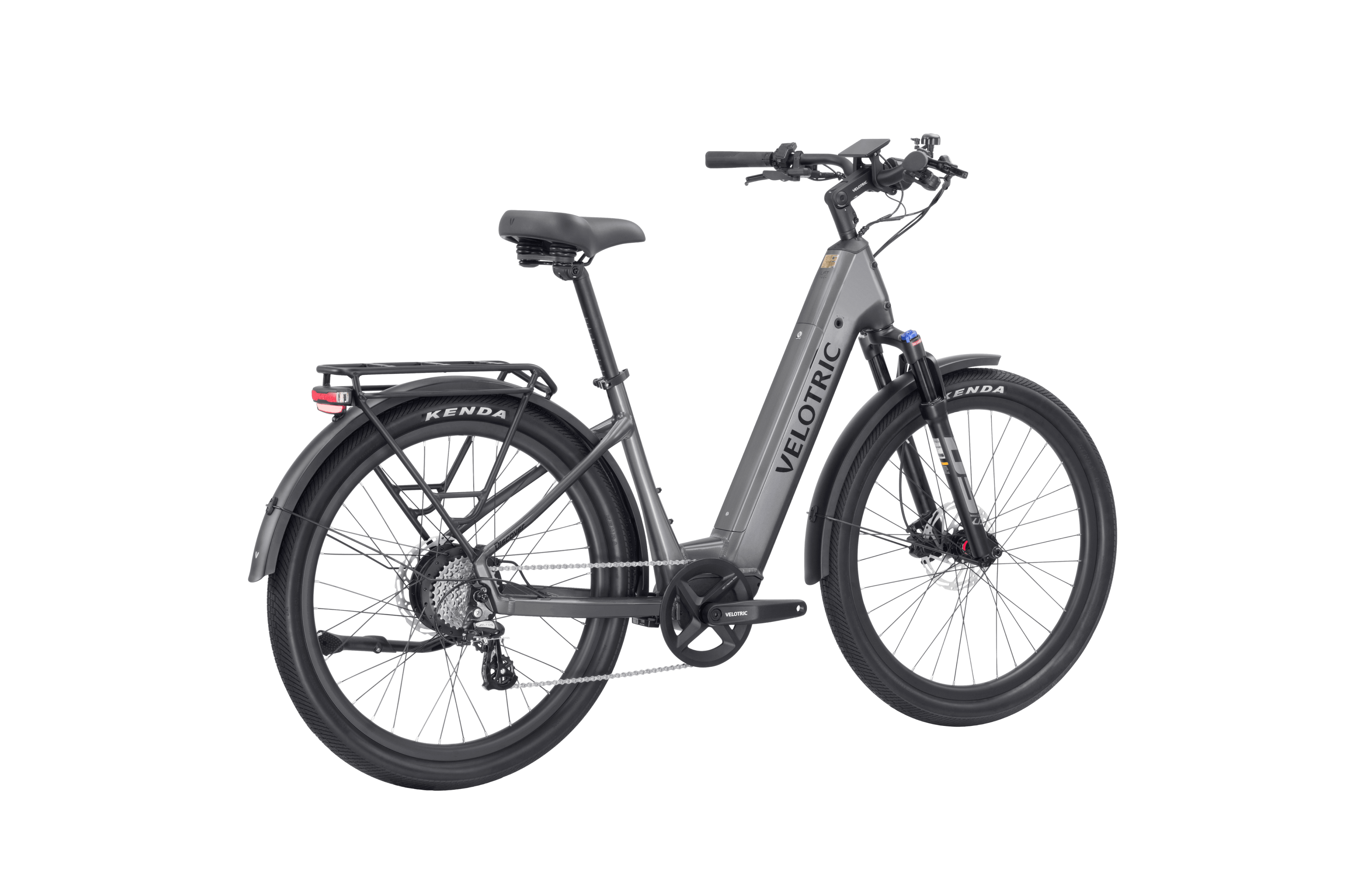Velotric Discover 2 electric bike in Stone Gray, side view, against a plain background