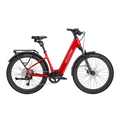 A cherry crimson Velotric Discover 3 eBike shown from the side, highlighting its sleek frame, integrated battery, and upright handlebars.