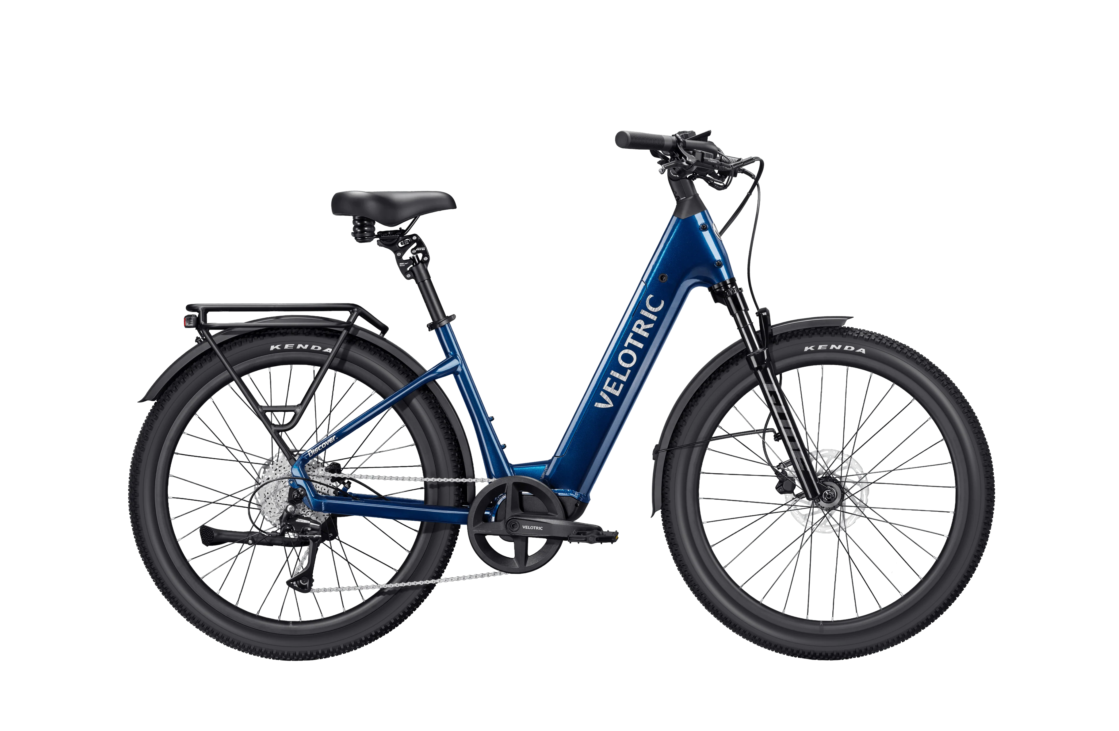 Velotric Discover 3 electric bike in Lemans Blue, side view, against a white background