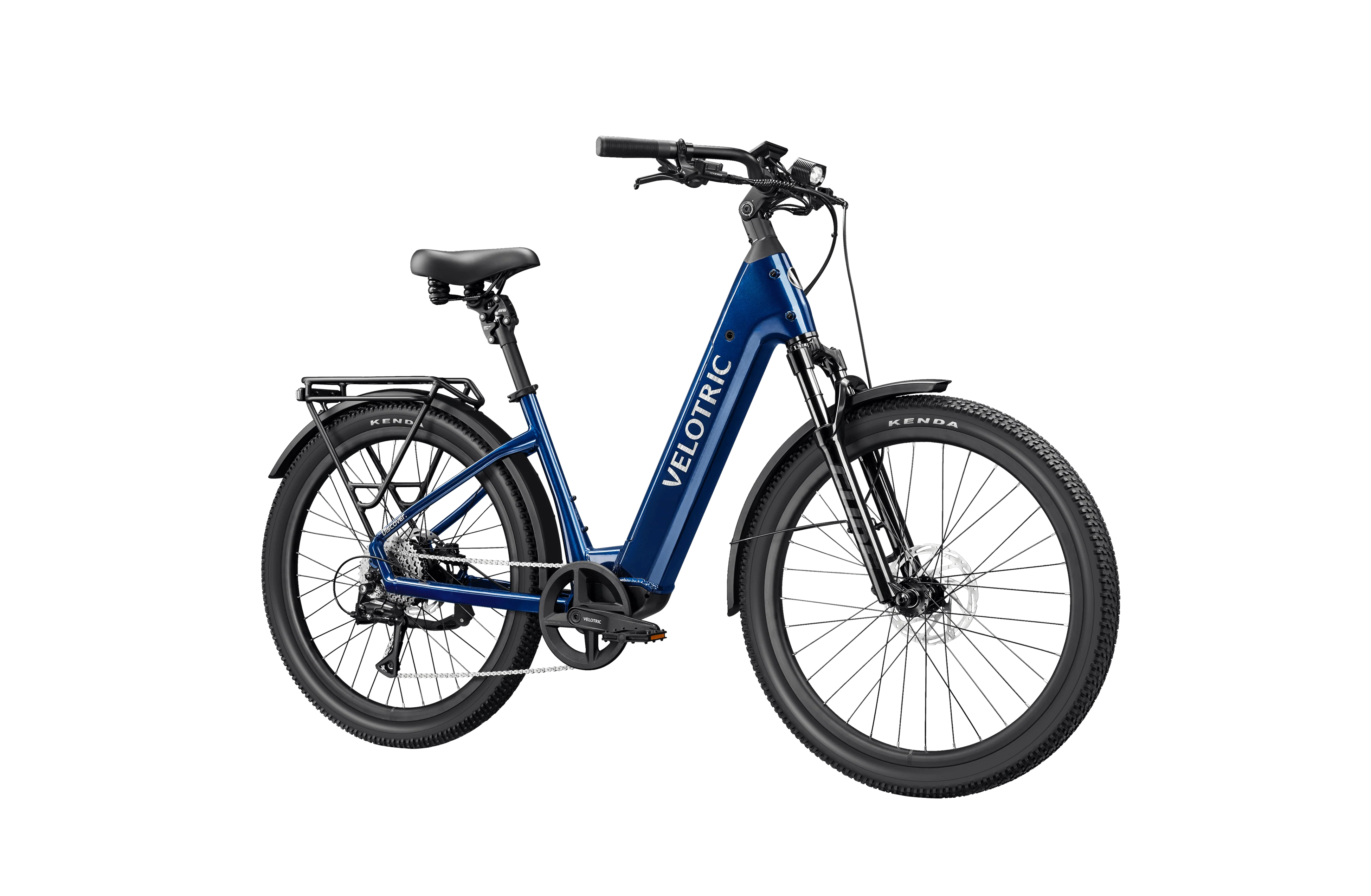 Velotric Discover 3 electric bike in Lemans Blue, side view, showcasing frame design and features