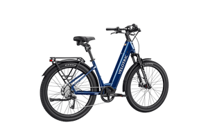 Velotric Discover 3 electric bike in Lemans Blue, side view, showcasing frame, wheels, and battery.