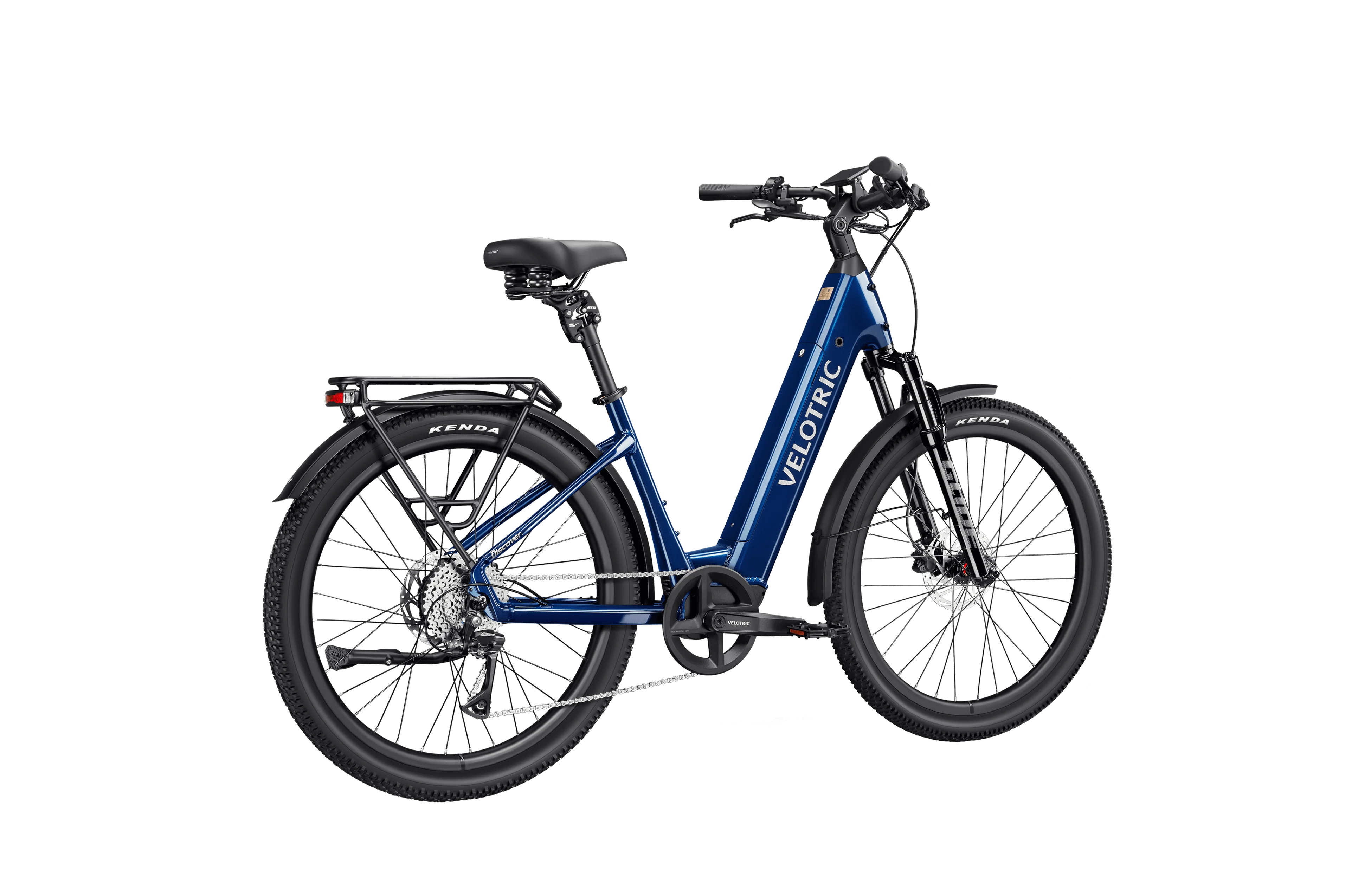 Velotric Discover 3 electric bike in Lemans Blue, side view, showcasing frame, wheels, and battery.