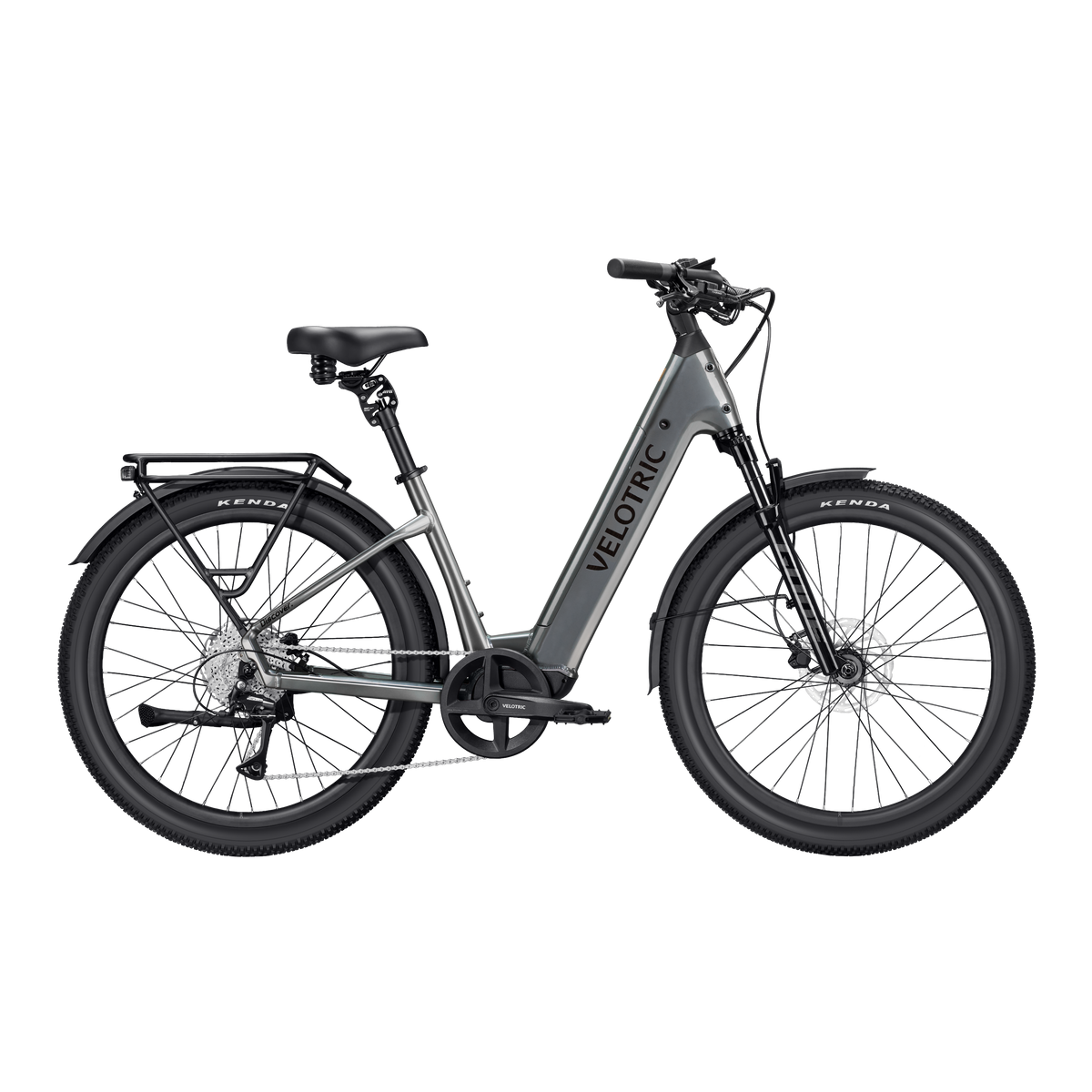 Stone gray Velotric Discover 3 electric bike side view against a white background