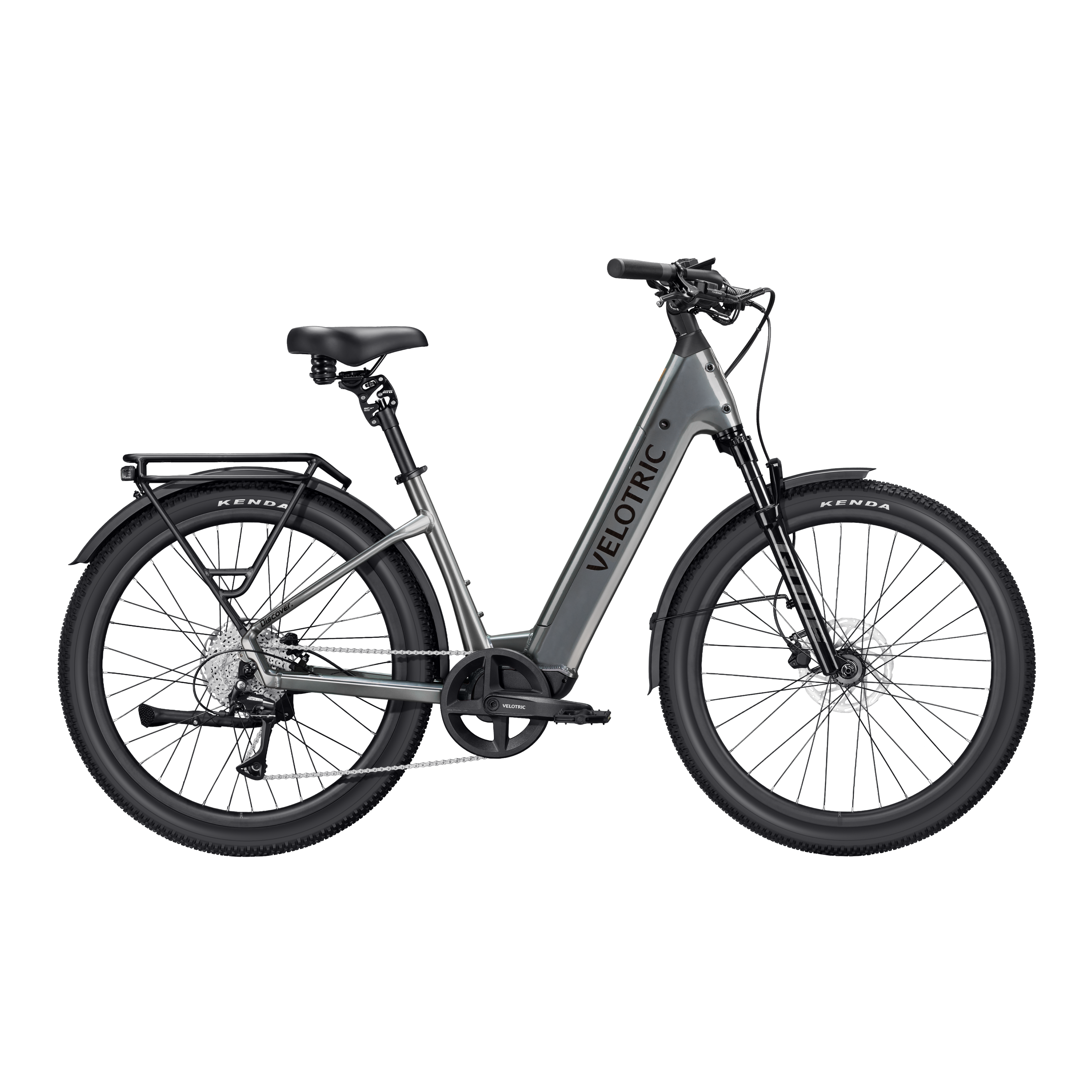 Stone gray Velotric Discover 3 electric bike side view against a white background