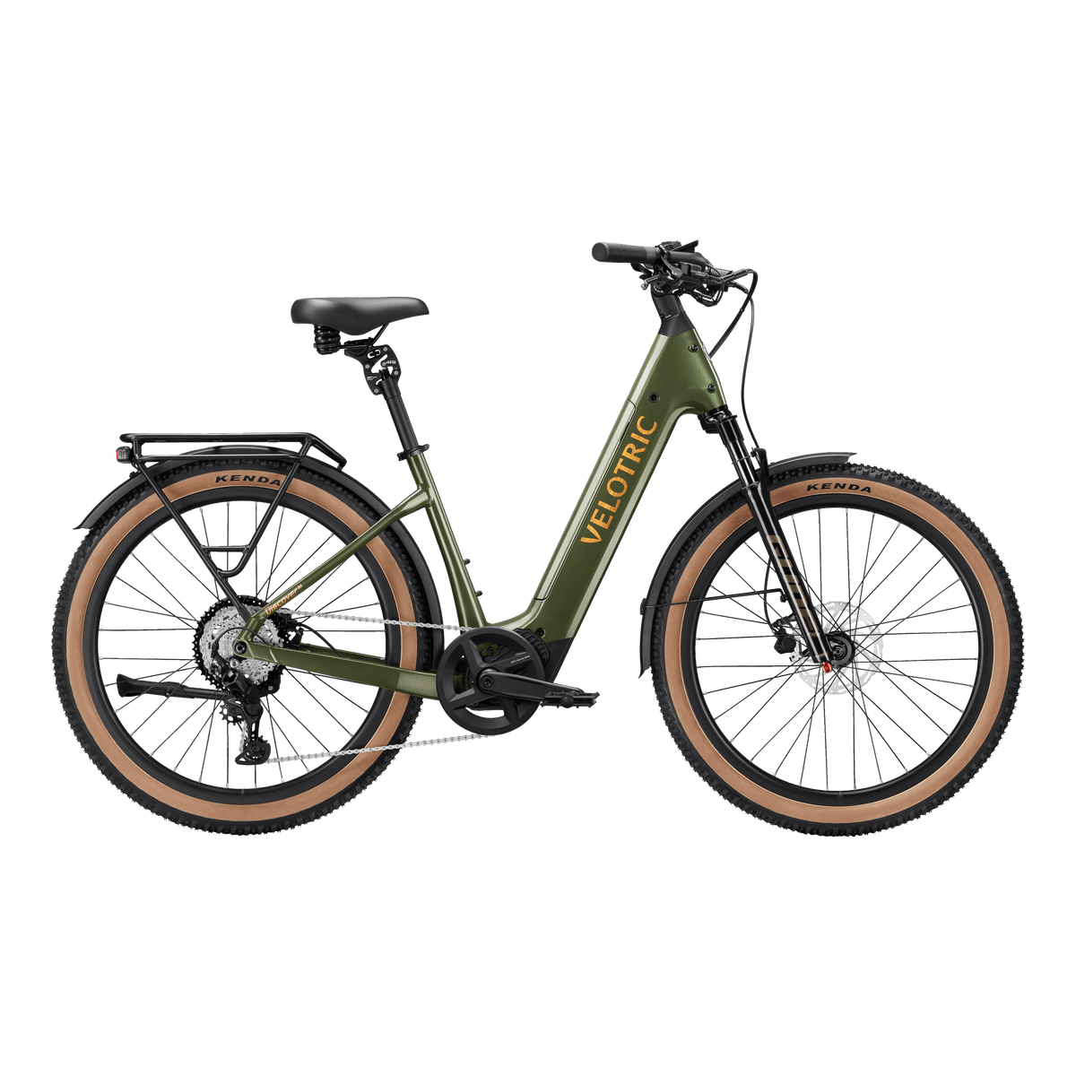Velotric Discover M eBike in Olivine Green, side view, showcasing frame, wheels, and battery.