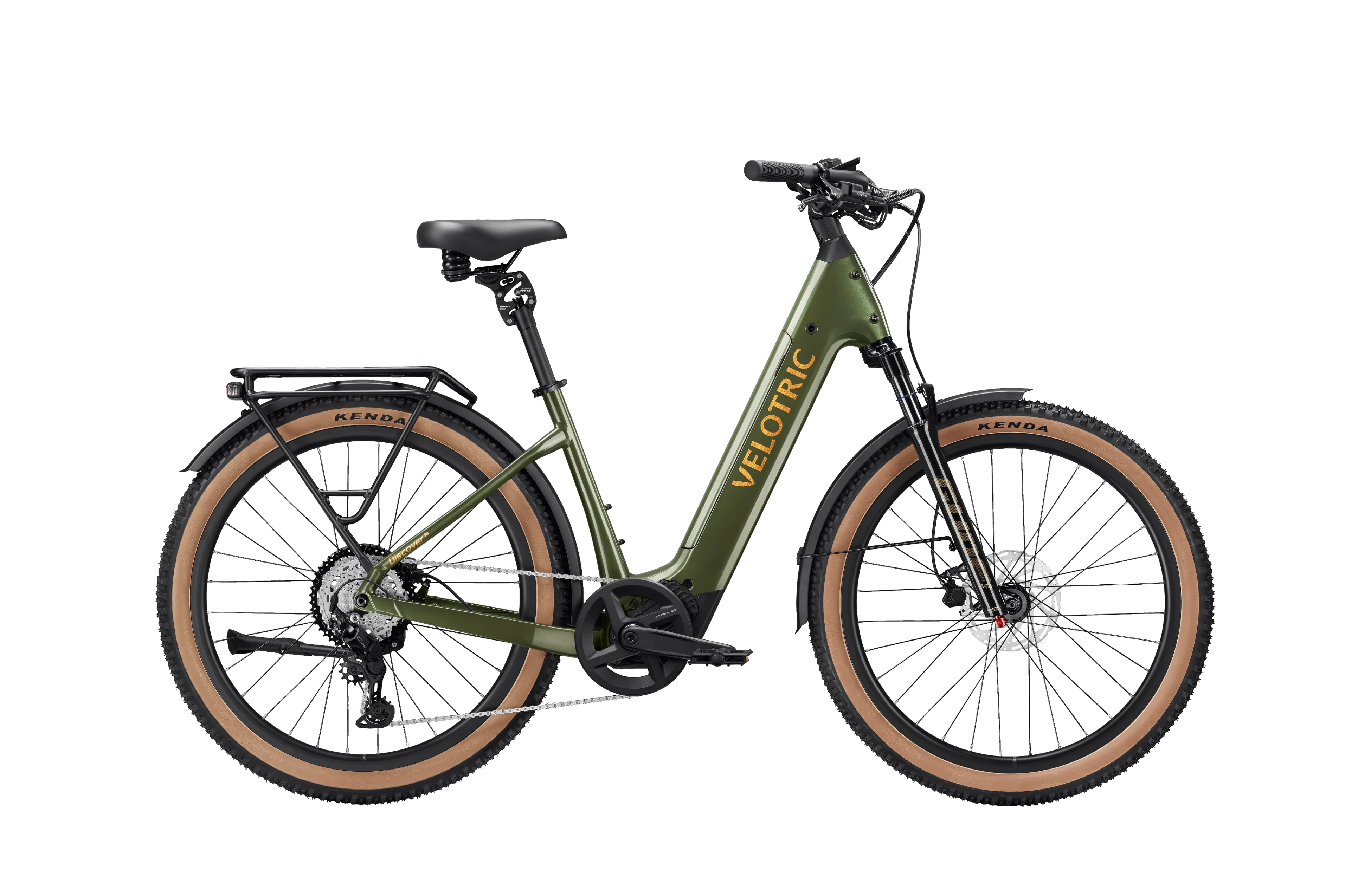 Velotric Discover M eBike in Olivine Green, side view, against a white background