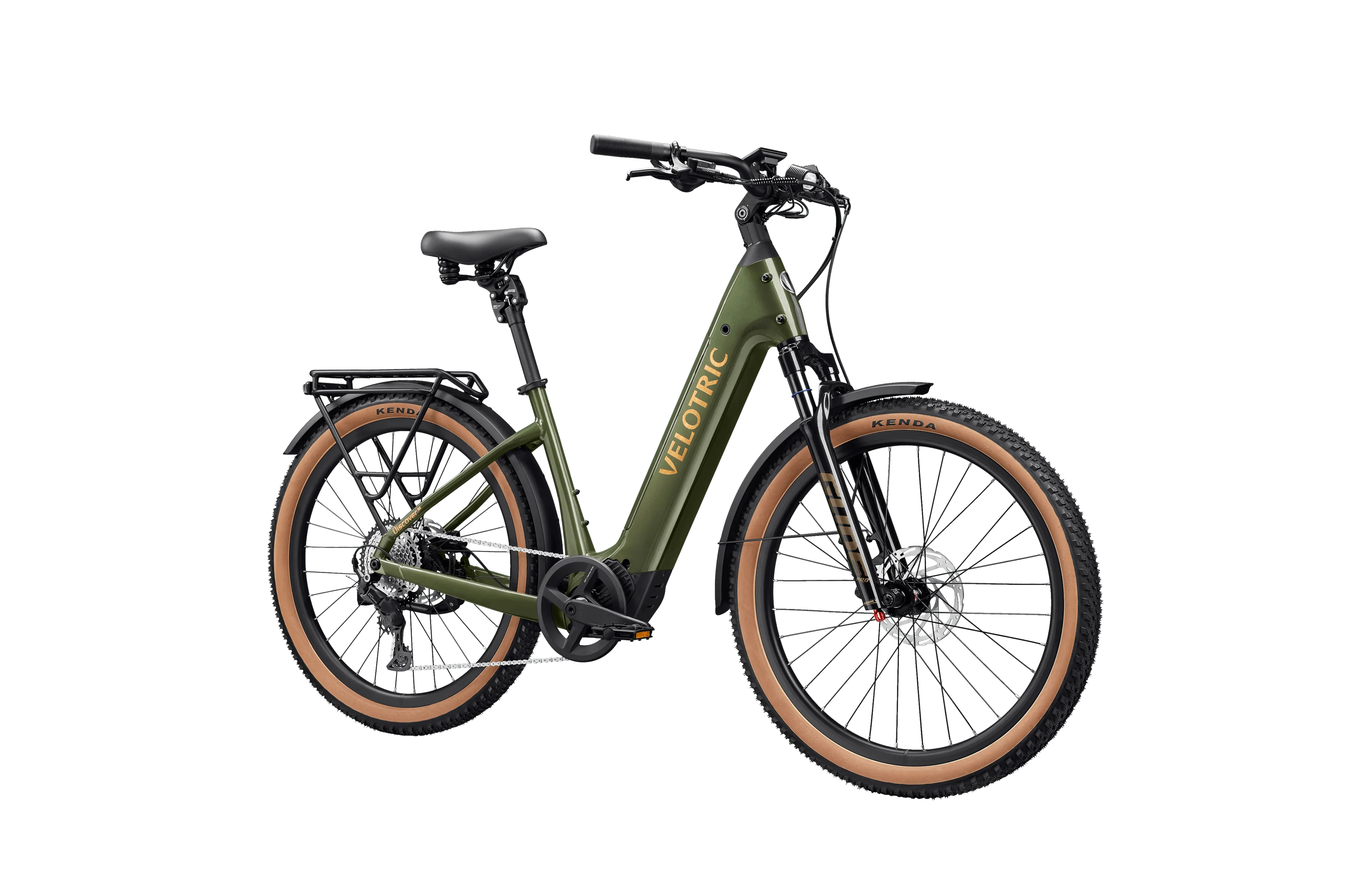 Velotric Discover M eBike in Olivine Green, side view, showcasing frame design and features