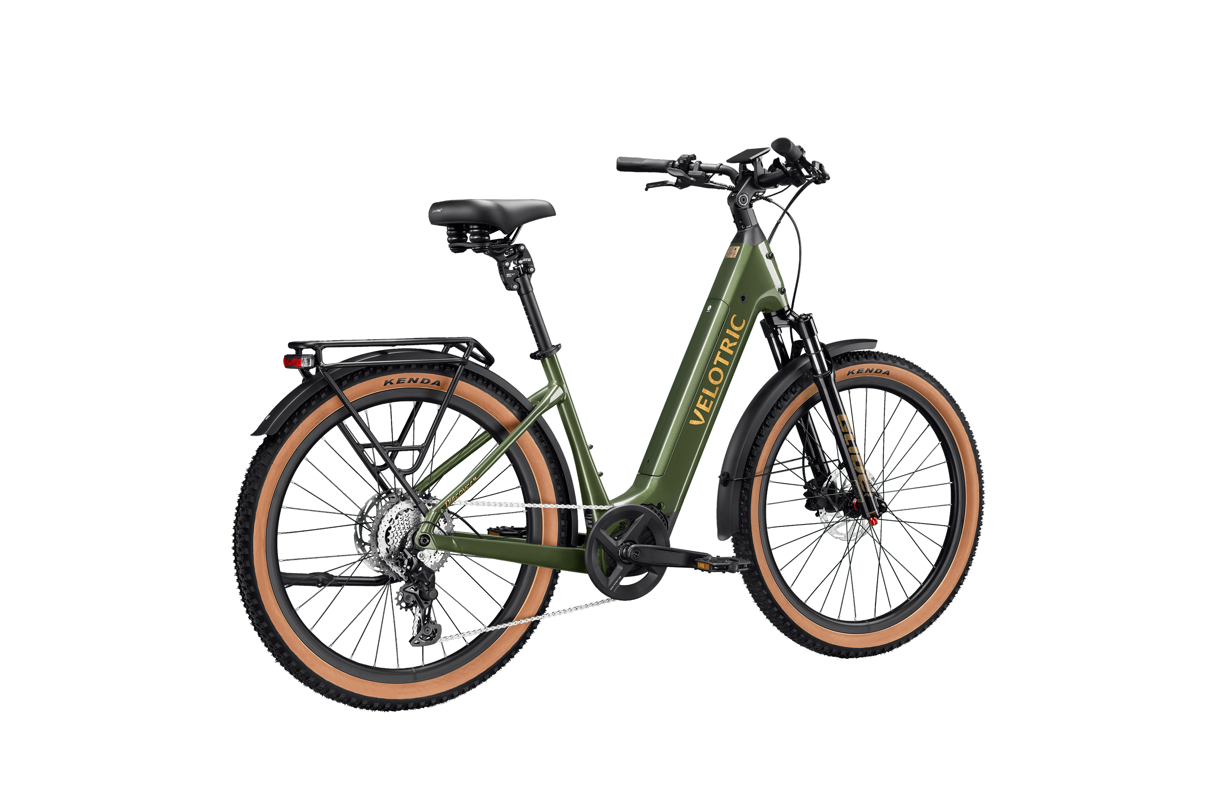 Velotric Discover M eBike in Olivine Green, side view, showcasing frame, wheels, and battery