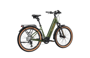 Velotric Discover M eBike in Olivine Green, side view, showcasing frame design and integrated battery