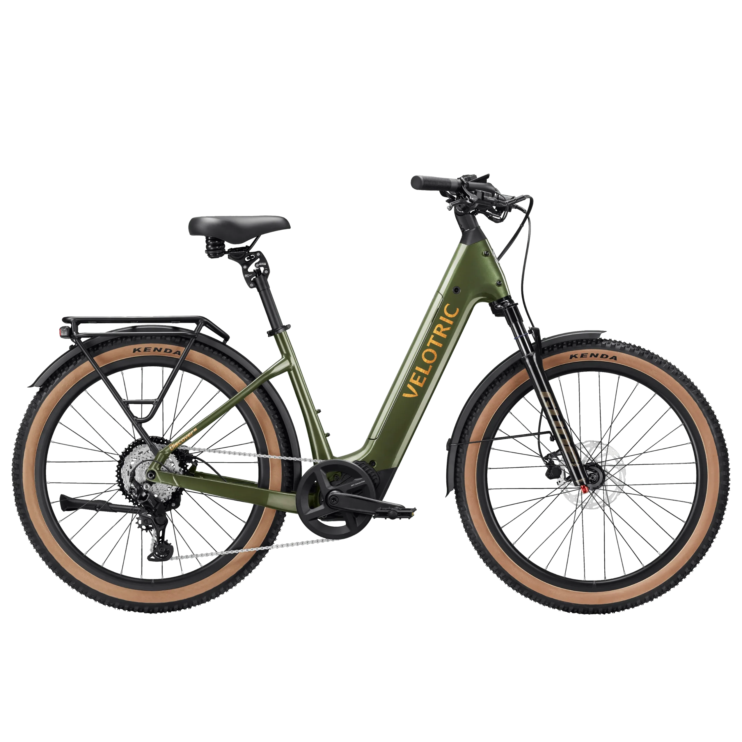 Velotric Discover M eBike in Olivine Green, regular large size, side view
